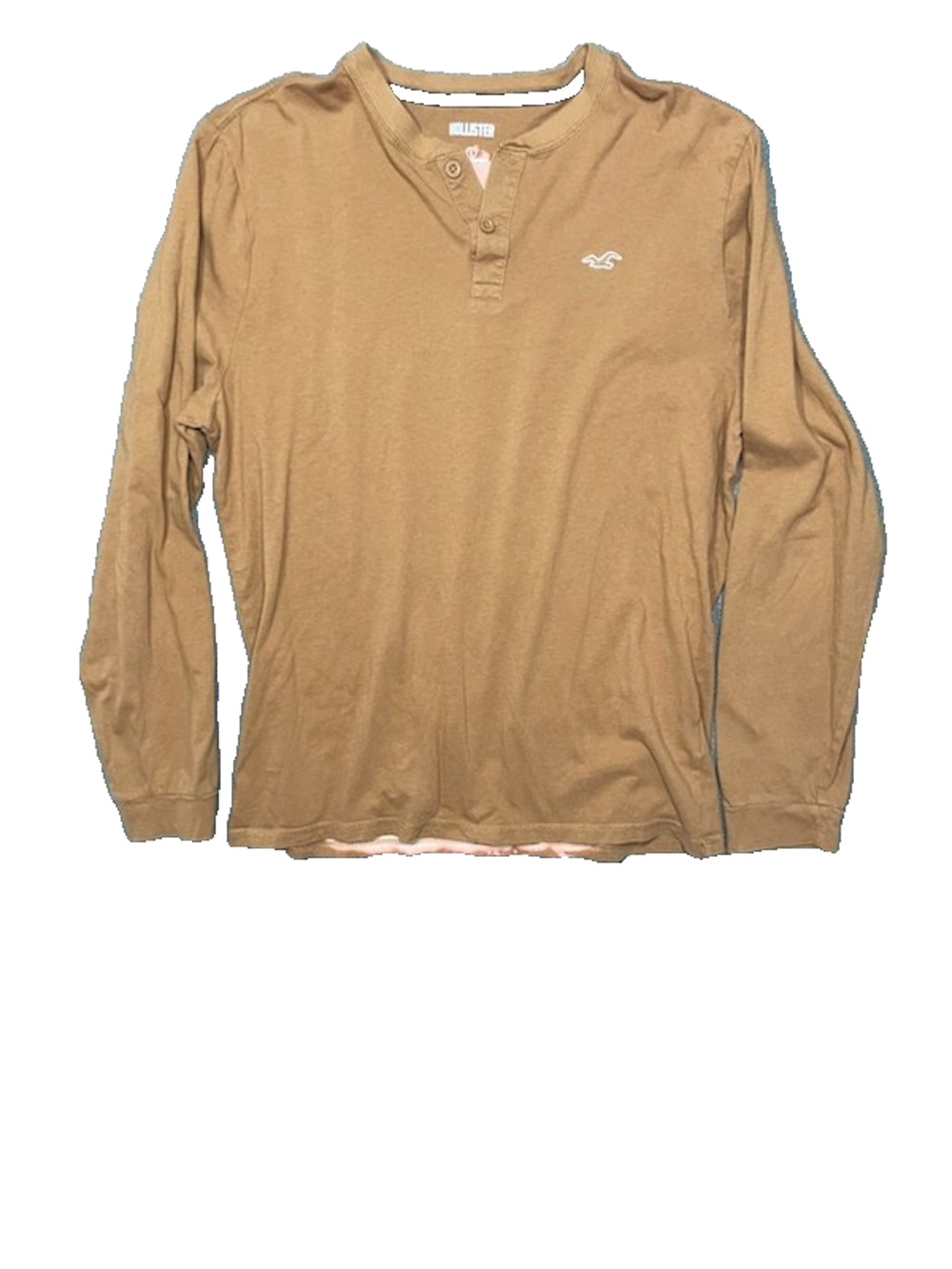 Vintage Y2K Hollister brown henley with oversized reverse-bleach dagger graphic